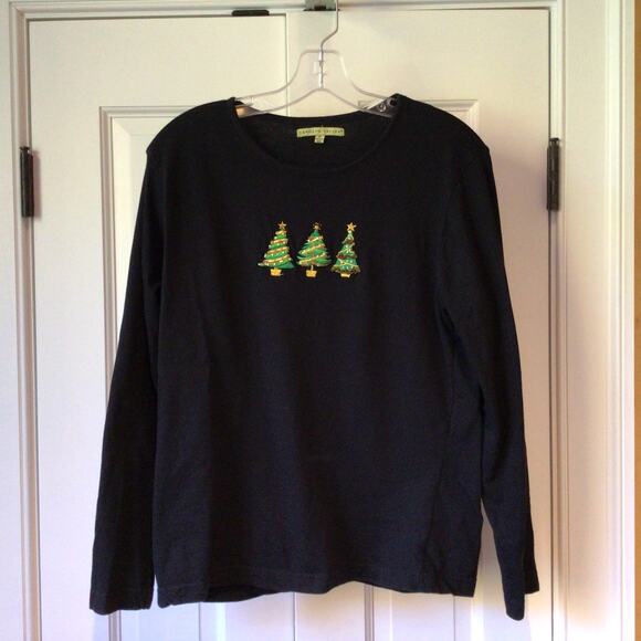 Christmas Long Sleeve Top Embellished w/ Christmas Trees Sz M - Picture 1 of 5